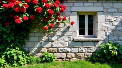 Naklejka premium Sunlight Illuminates a Stone Wall Adorned with Vibrant Red Flowers and a Charming Window