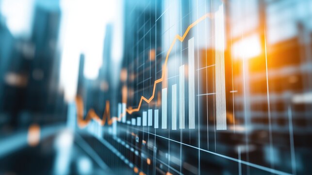 Abstract representation of business growth with a graph overlaid on a dynamic cityscape background, emphasizing finance and data processes.