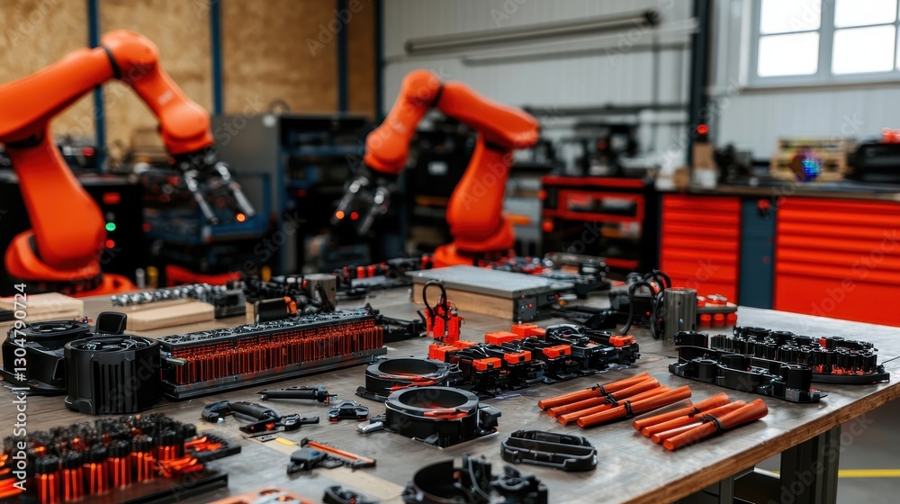 Poster modern factory utilizing robotic arms for efficient manufacturing processes in an industrial setting