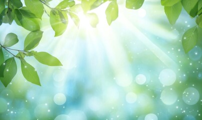 Naklejka premium Sunlit green leaves, bokeh background, spring nature scene, website banner
