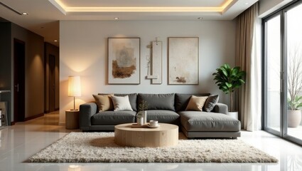Modern Minimalist Living Room Interior Design with Sectional Sofa and Abstract Art