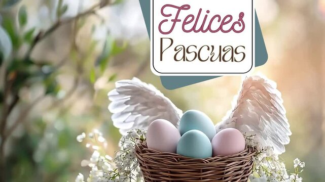 Felices Pascuas tarjeta con huevo de pascua en la canasta de pascua