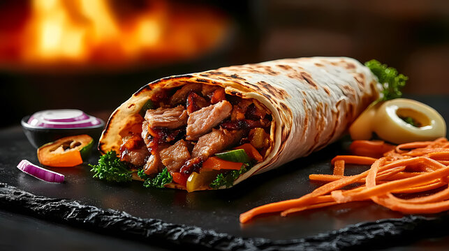 Tasty meat wrap on black slate with enticing flame background