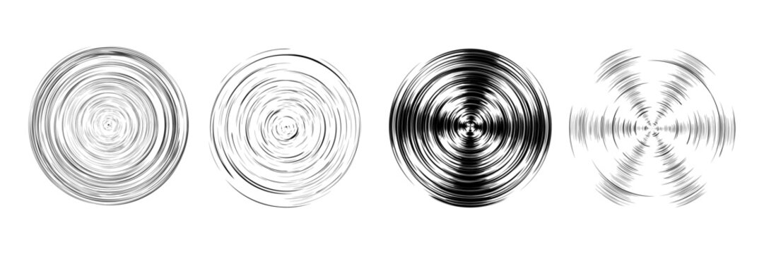 Four spin patterns rotation in manga comic style. Black concentric lines as a spinning vinyl record or rotating helicopter blades vector illustration. Optical dizzling swirl illusion