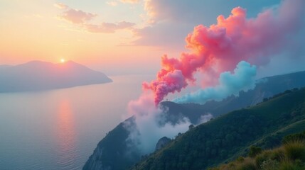 Fototapeta premium Serene Sunset Vista with Pastel Smoke Plumes Rising from a Mountaintop, Overlooking a Calm Body of Water
