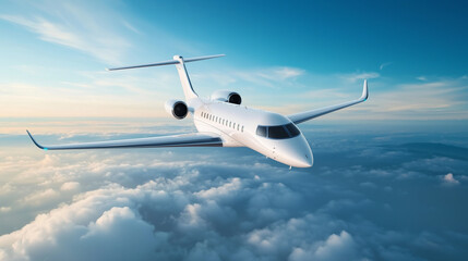 Obraz premium A sleek white airplane flying in a clear blue sky