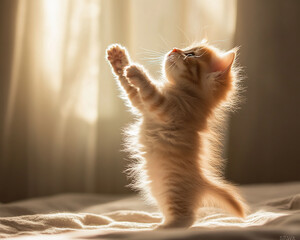 A small playful orange kitten standing on its hind legs reaching up towards the light, showcasing curiosity and energy with warm backlighting symbolizing innocence and playfulness.