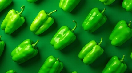 Vibrant Green Bell Peppers Arranged in a Repetitive Pattern on a Solid Background