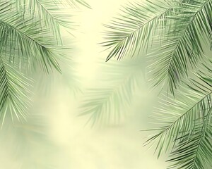 Obraz premium Close-up of green palm leaves against soft yellow background, creating tropical summer vibes