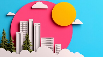 Fototapeta premium Whimsical Paper Cityscape Pink Sun, Blue Sky, Green Trees