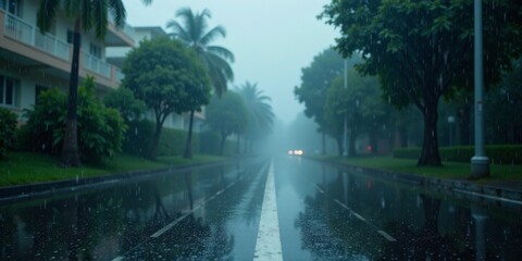 Rainy Day on a Residential Street with Lush Greenery and Reflective Wet Pavement