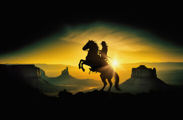silhouette of cowboy at sunset riding a horse at sunset canyon wild west background illustration