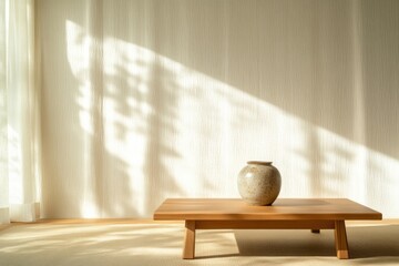 Warm sunlight filters through sheer curtains, illuminating simpl