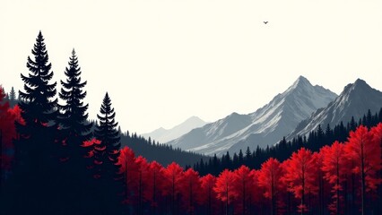 Serene Mountain Vista Dark Evergreen Trees Frame Vibrant Crimson Autumn Foliage Against a Snow-Capped Peak