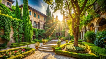 Obraz premium Verona Palazzo Giusti Gardens: Lush Italian Landscape with Copy Space