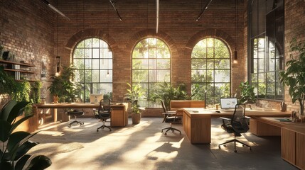 Naklejka premium Industrial office with plants and natural light