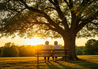 valentines ,loving old man with wife, sitting on a bench holding hands in the park at sunset , retirement plan at golden age