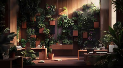 Futuristic Office Design with Vibrant Greenery and Modern Aesthetics in an Innovative Workspace Environment