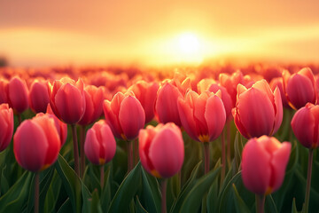 a field of pink tulips with the sun setting in the background and a field of green grass