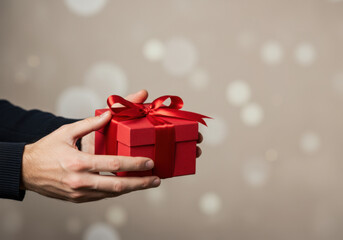 valentines ,loving man handing a gift red box with a ribbon to his girlfriend or wife, plain background