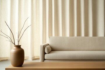 Minimalist living space with neutral tones, featuring modern sof