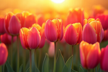 a field of pink tulips with the sun setting in the background and a field of green grass