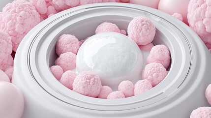 White Bowl Filled with Pink and White Spherical Shapes in a Whimsical Setting