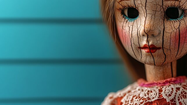 A close-up of a vintage doll with cracked porcelain skin, set against a blue wooden background - Powered by Adobe