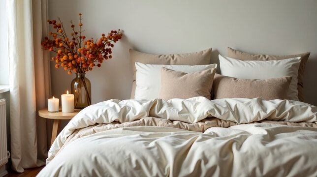 Cozy bedroom scene featuring a neatly made bed with creamy bedding, textured pillows, and a side table with lit candles and autumnal dried flowers.