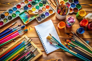 Naklejka premium Vibrant Artist Supplies Flat Lay: Top View Brushes, Paints, Pencils on White Pad - Stock Photo
