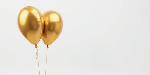 Two Golden Balloons Ascending Against a Plain White Background, Representing Celebration, Joy, and Festivity