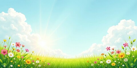Vibrant Meadow Landscape with Sunny Sky and Blooming Flowers in a Serene Springtime Scene