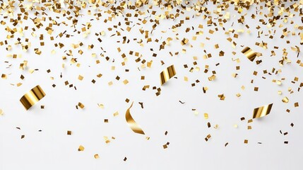 Gold confetti falling on white background. Festive celebration