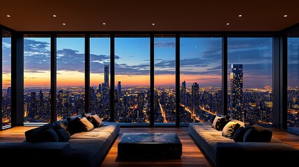 Fototapeta premium Modern penthouse living room with city skyline view at sunset. Possible use Stock photo for interior design, real estate, architecture