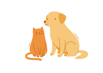 Cat and dog flat illustration. Cute vector pets look at each other. Friendship between dog and cat.