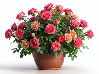 Obraz premium Vibrant Blooming Rose Bush in Pot, Isolated White Background - High-Resolution 3D Render Stock Photo