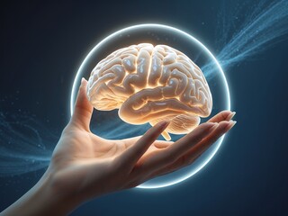 Hand Holding Human Brain - Futuristic Concept of Intelligence, science and mind