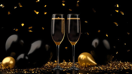 Champagne Glasses and Black Balloons