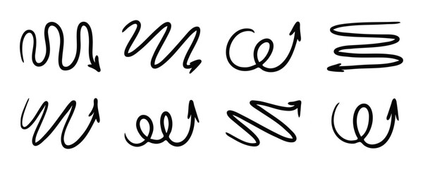 Squiggly arrow doodle set. Hand drawn vector line fun playful bounce icons, black jump thick motion design elements. Movement spiral symbol