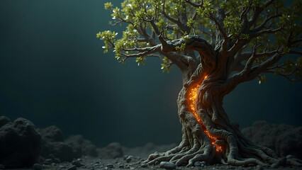 Futuristic bionic tree with cybernetic veins glowing in a dim environment. A perfect fusion of technology and nature. Ultra-detailed 3D render.