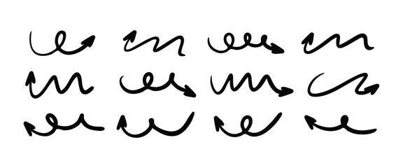 Squiggly arrow doodle set. Hand drawn vector line fun playful bounce icons, black jump thick motion design elements. Movement symbol