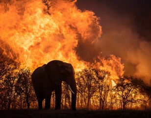 Fototapeta premium silhouette of an elephant starring at a forest fire at midnight with dramatic cloudy nightly Generated image
