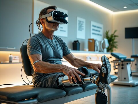 Man with prosthetic leg sitting on bench, using vr headset in rehabilitation center. physiotherapy, healthcare, medical, technology, recovery, therapy