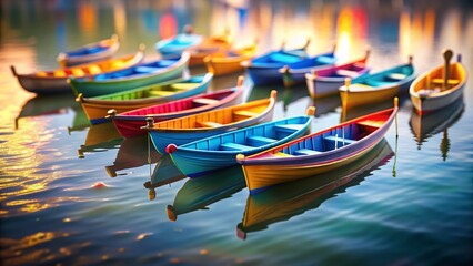 Obraz premium Vibrant Colorful Boats Floating on Calm Water with Reflections - Tilt-Shift Photography
