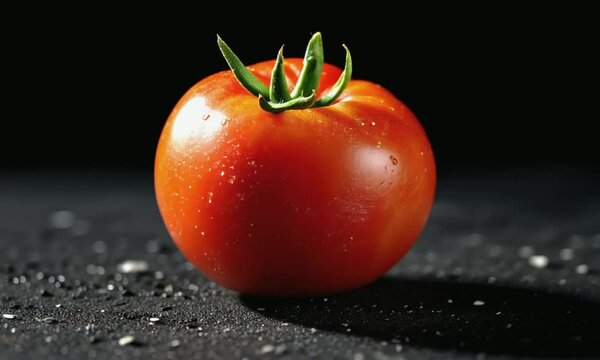 Tomate rojo fresco con gotas de agua sobre superficie oscura y fondo negro, iluminado con luz suave.