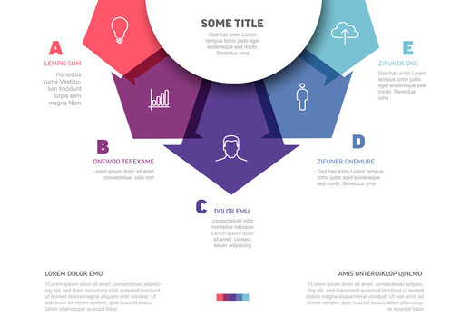 Infographic template with five red purple blue color arrow element options on top fan infochart cheme diagram