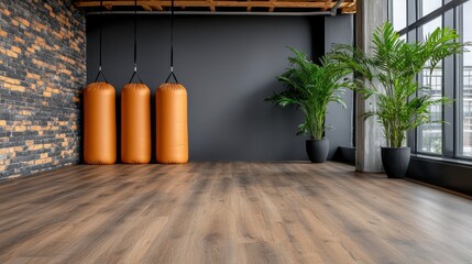 Modern Gym Interior with Orange Punching Bags and Green Plants