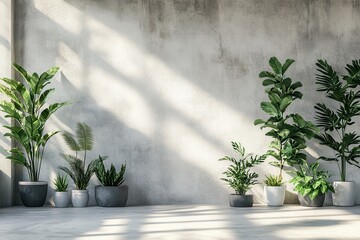 Sleek modern office interior with a large white wall mockup, concrete floor, and plants in metal pots, with a cityscape view through the windows.