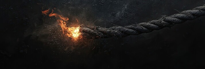 Naklejka premium Burning rope with flames consuming fibers. Frayed strands, tension, destruction, danger, fiery glow, heat intensity, metaphor of breaking point, high contrast texture, scorched surface. Generative AI.