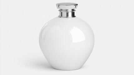 White Glossy Perfume Bottle with Silver Cap on Gray Background